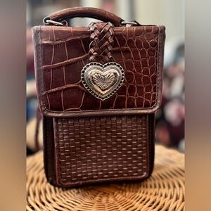 Fossil Brown Faux Crocodile Crossbody Bag with Heart Accent